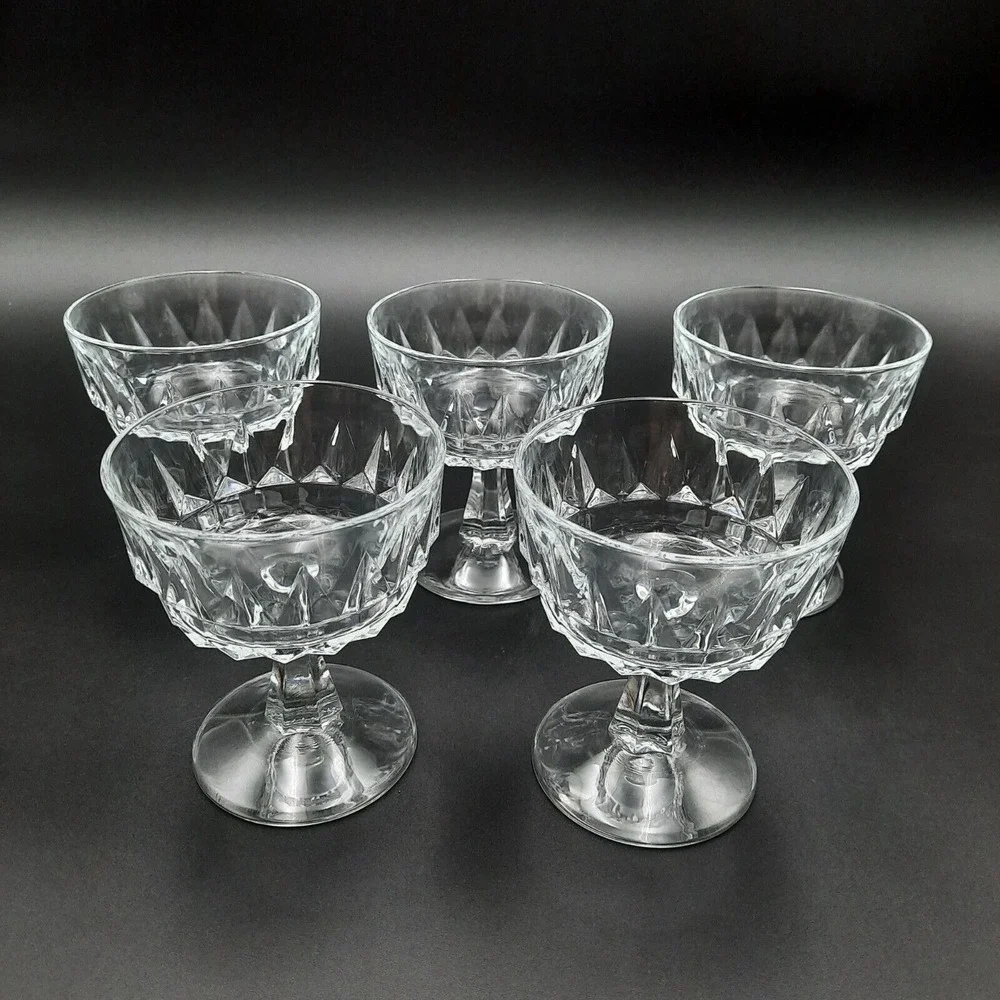 Arcoroc‎ France Arctic Pattern Glass Dessert Champagne Set Of 5 Pressed Crystal